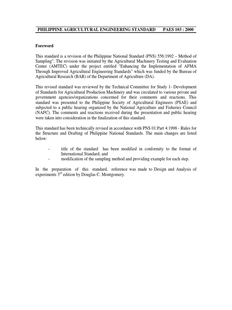 PAES 103:2000 Agricultural Machinery Sampling | PDF | Sampling ...