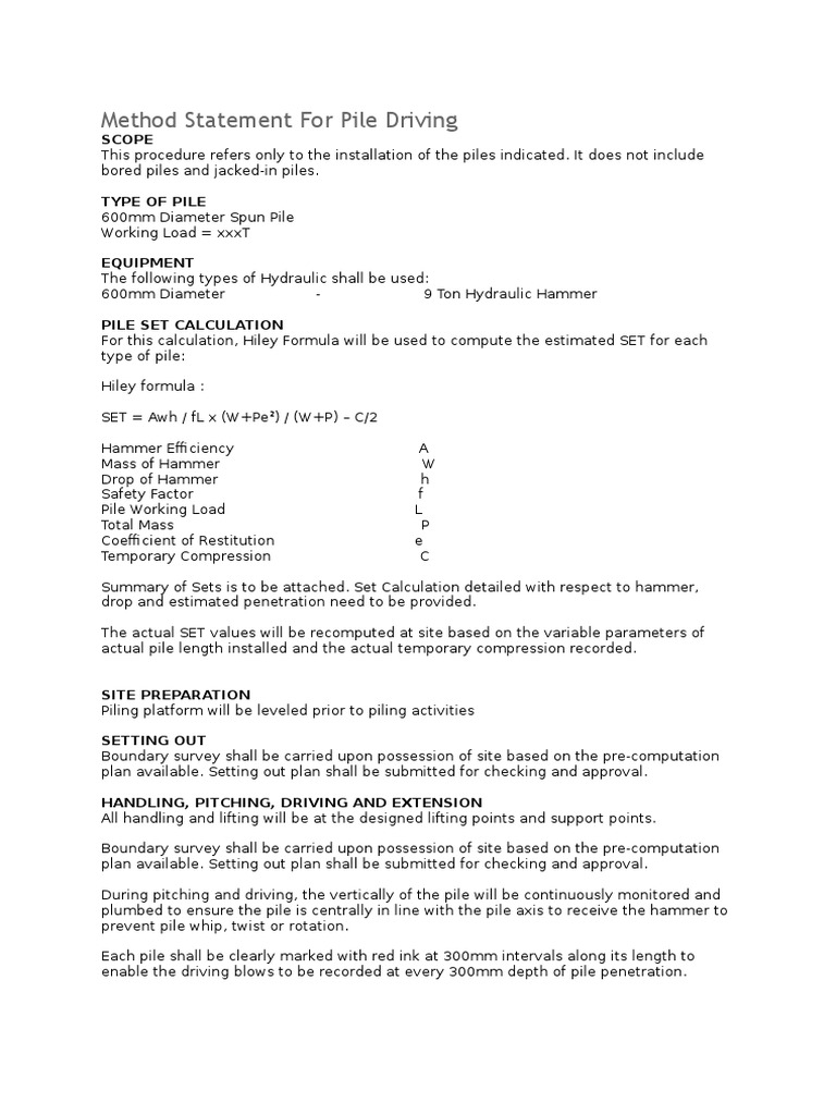 Pile Driving Method Statement | PDF | Deep Foundation | Mechanical ...