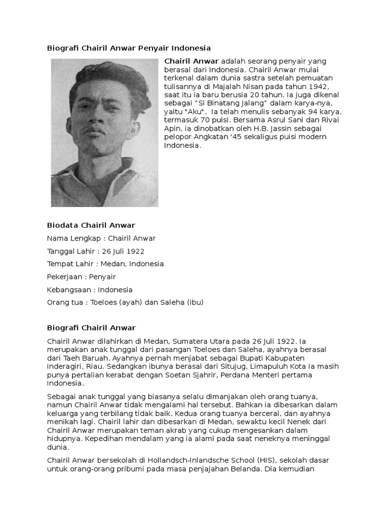 Biografi Chairil Anwar Penyair Indonesia