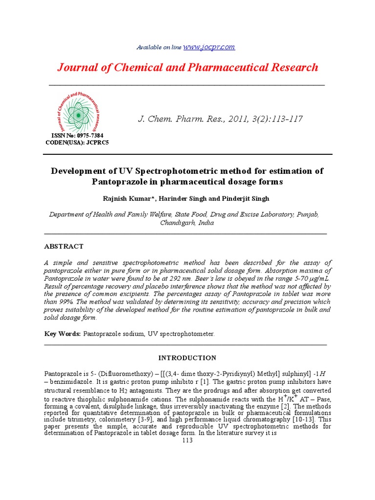 UV Method for Pantoprazole Estimation | PDF | Spectrophotometry ...