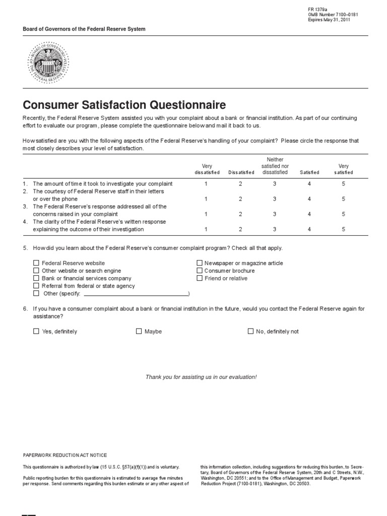 Federal Reserve Consumer Satisfaction Survey | PDF