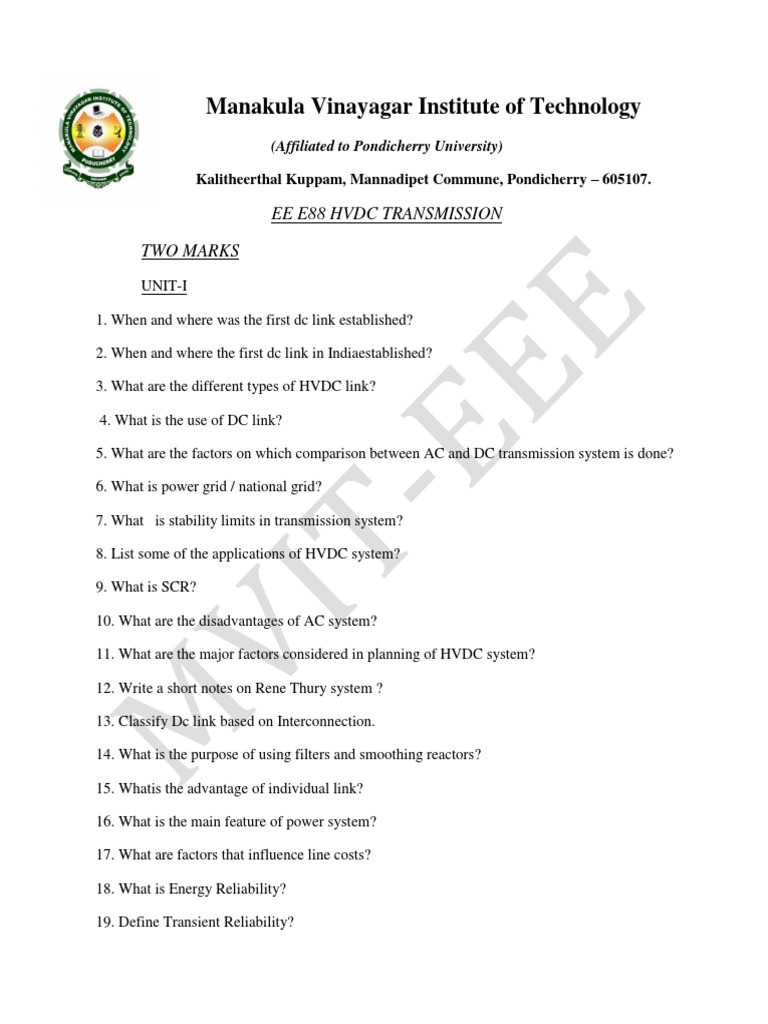 QUESTION BANK.pdf | High Voltage Direct Current | Direct Current