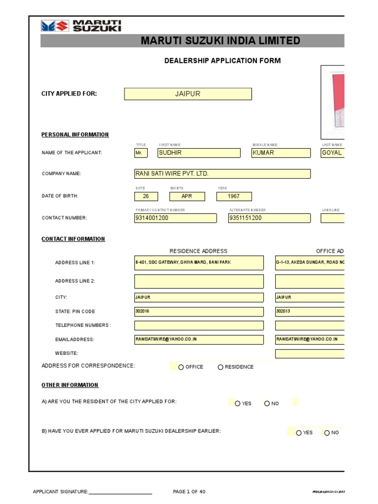 Maruti Suzuki Dealership Application Form | PDF | Banks | Corporations