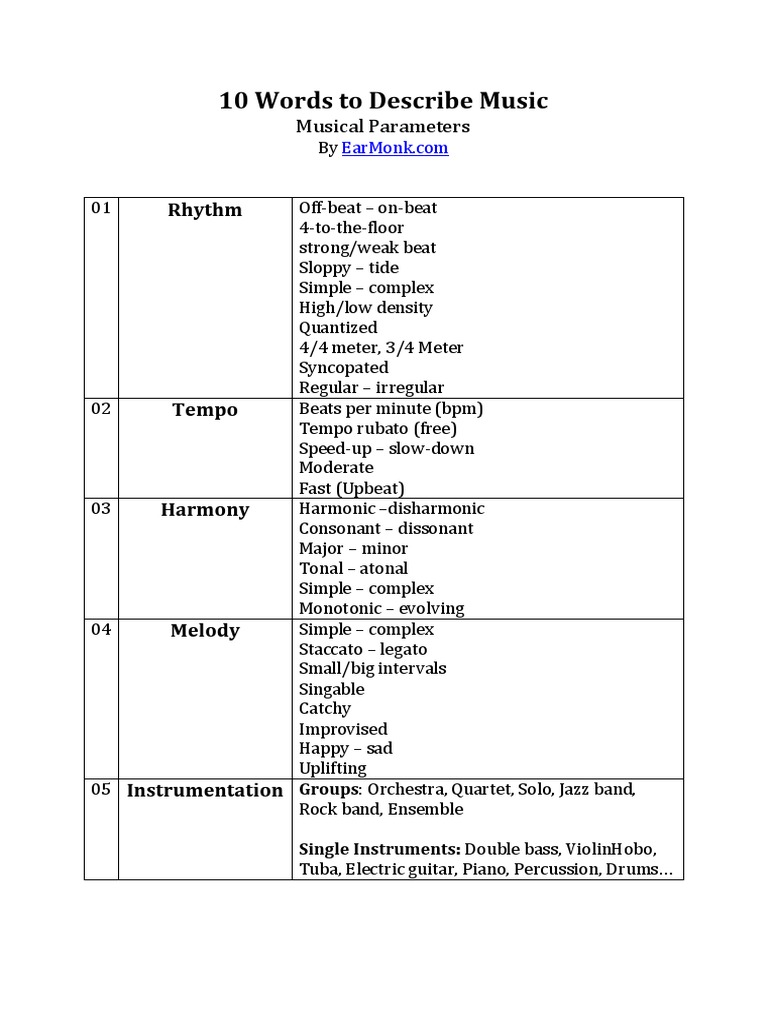 10 Words To Describe Music PDF PDF Harmony Entertainment