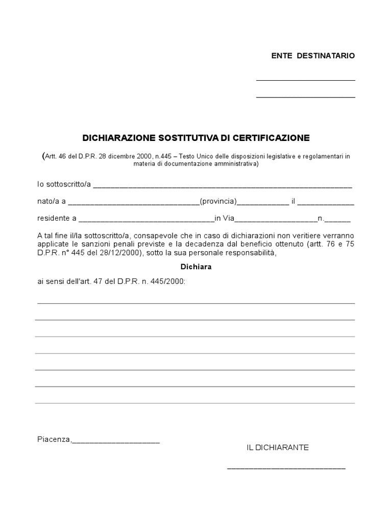 autocertificazione generica