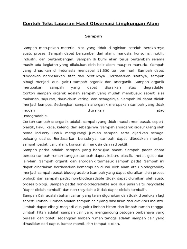 Contoh Teks Laporan Hasil Observasi Lingkungan Alam