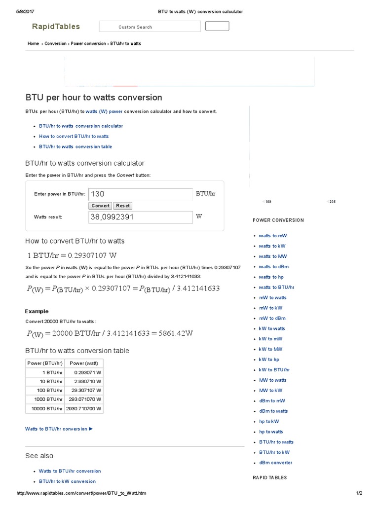 BTU To Watts (W) Conversion Calculator | PDF | British Thermal Unit | Watt