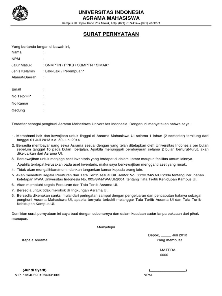 Surat Pernyataan Penghuni Asrama