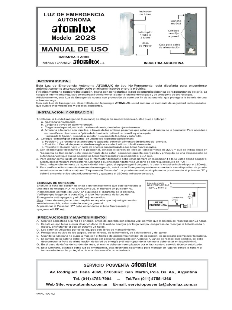 Manual Luz de Emergencia Fluorescente ATOMLUX Modelo 2028 PDF