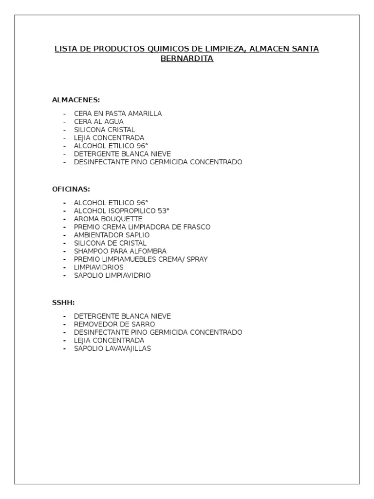 Mimar Obediente Iluminar Lista de Productos Quimicos de Limpieza | PDF