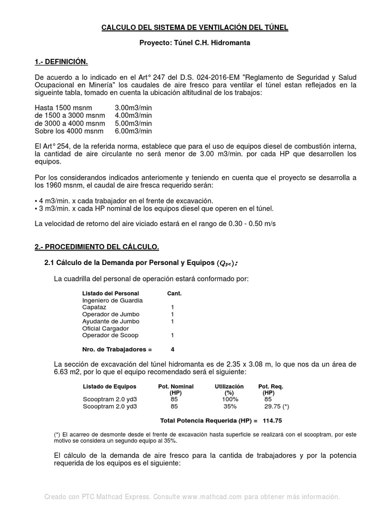 Calculo de Ventilacion en Tuneles | Ventilador mecánico | Descarga