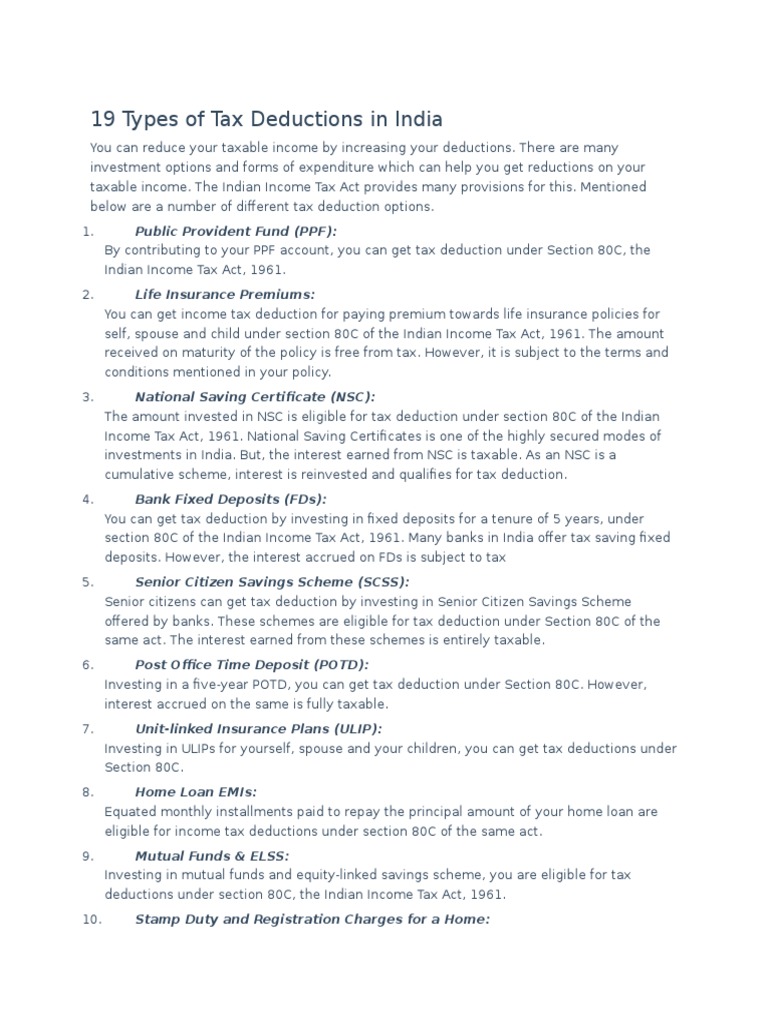 19 Types of Tax Deductions in India Tax Tax Deduction