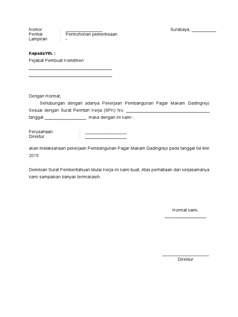 Surat Pemberitahuan Mulai Kerja