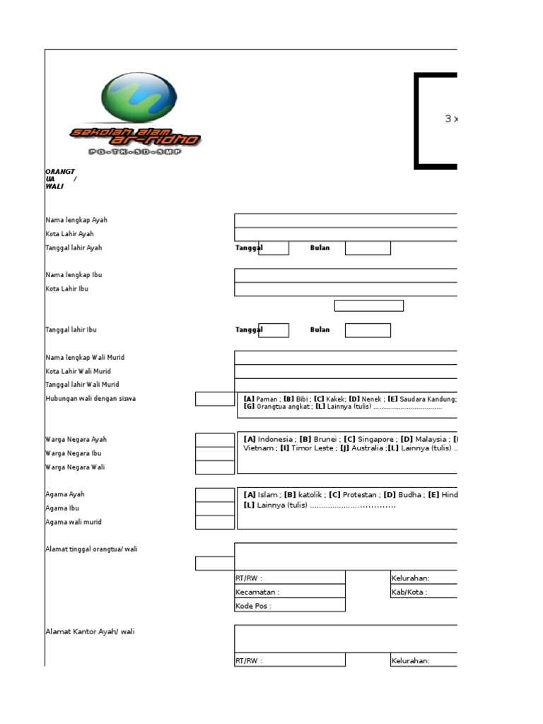 Form Pendaftaran PSB Excel | PDF