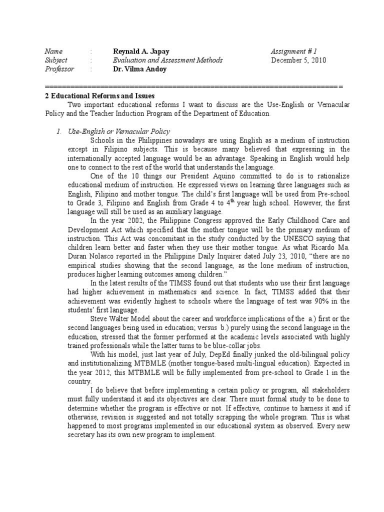Assignment No. 1 Due Dec. 10 | PDF | First Language | Education Reform