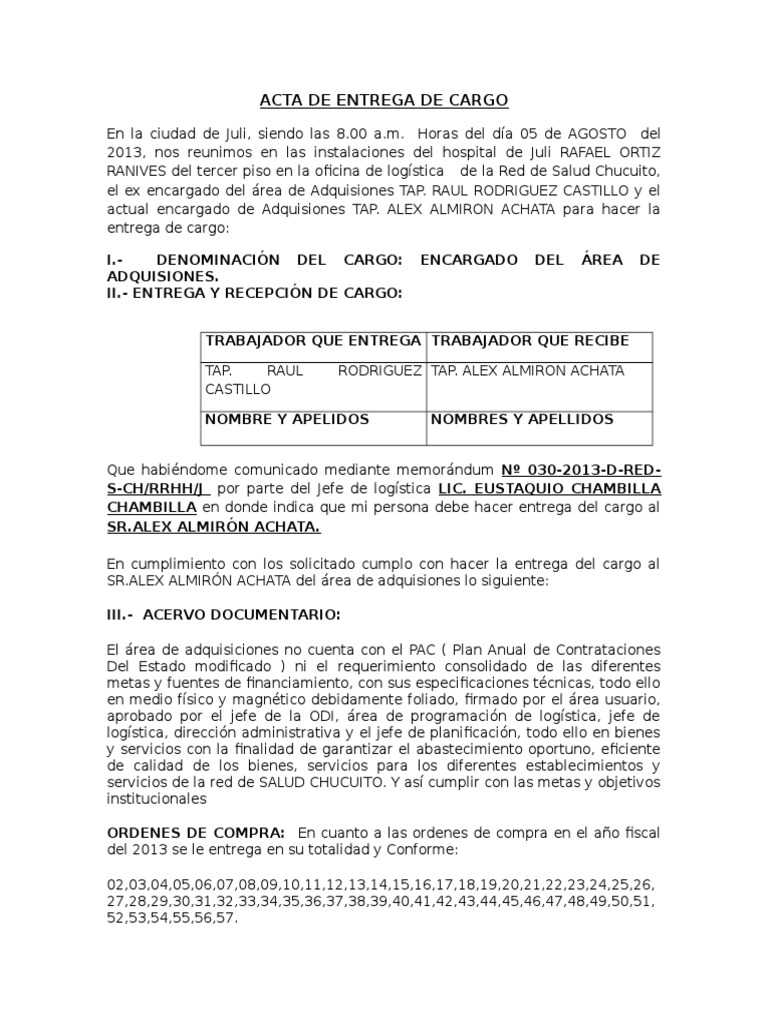 Acta de Entrega de Cargo | PDF | Hospital | Equipo de oficina