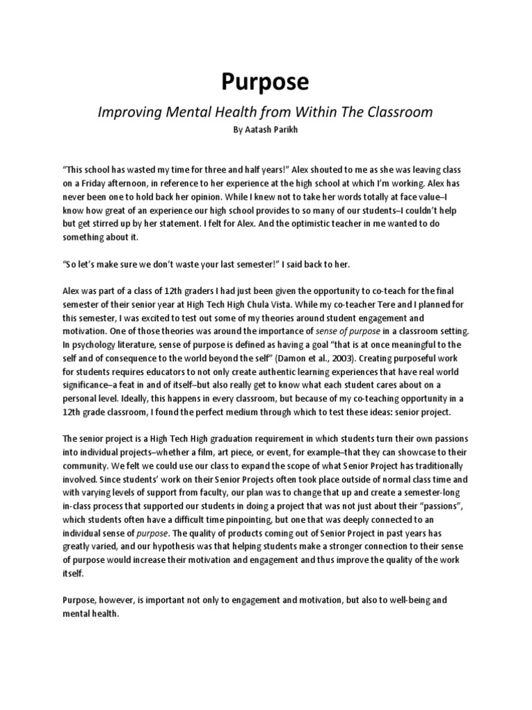 Purpose Improving Mental Health from the classroom Motivation Self