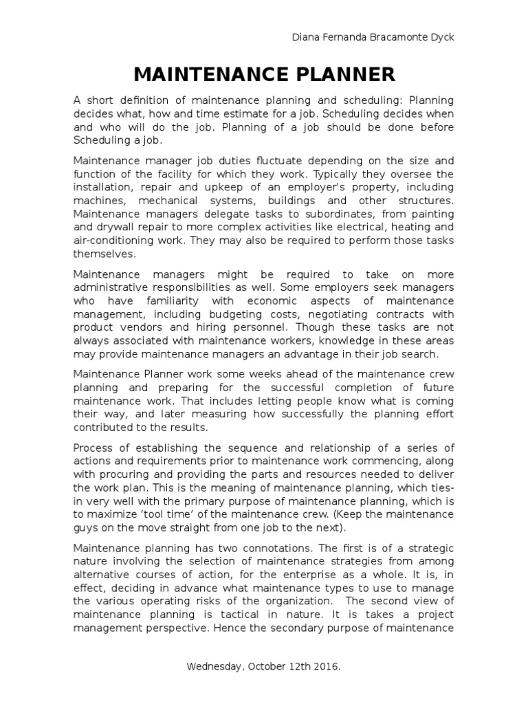 Maintenance Planner Performance Indicator Employment