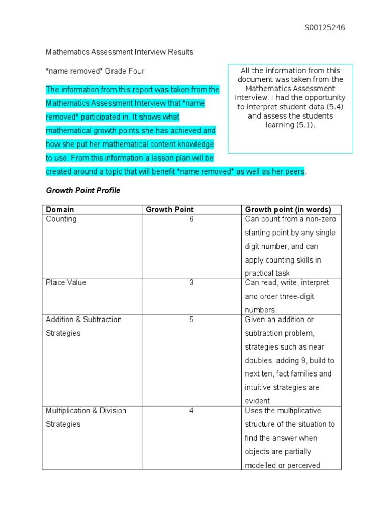 Growth Point Profile | PDF | Educational Assessment | Subtraction
