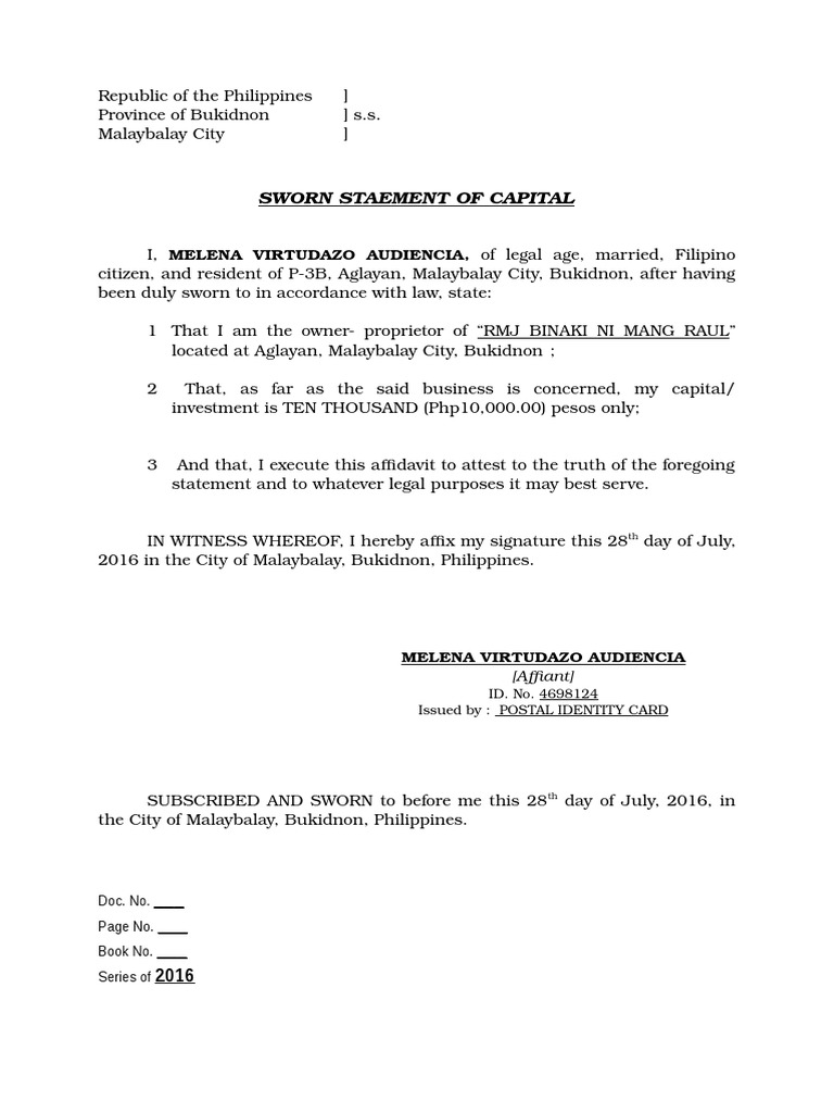 Sworn Statement of Capital Affidavit Access Control