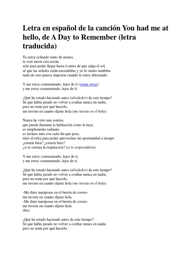 Letra en Español de La Canción You Had Me at Hello PDF Música grabada Ocio