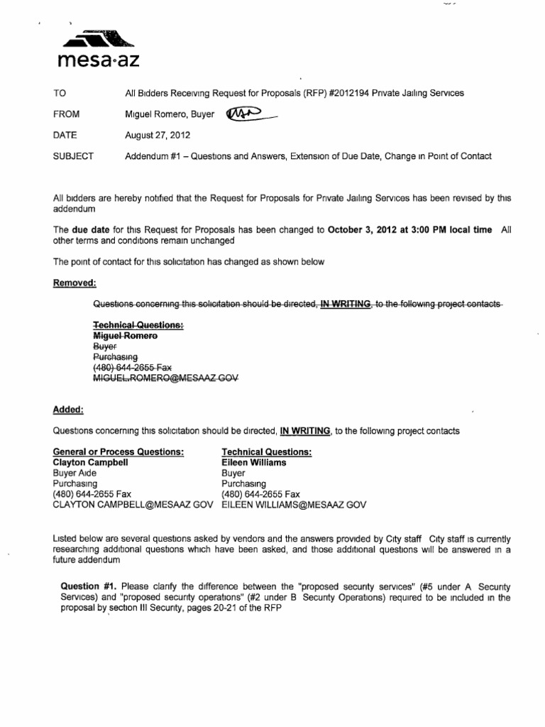 RFP Addendum 1 | PDF | Request For Proposal | Service Industries