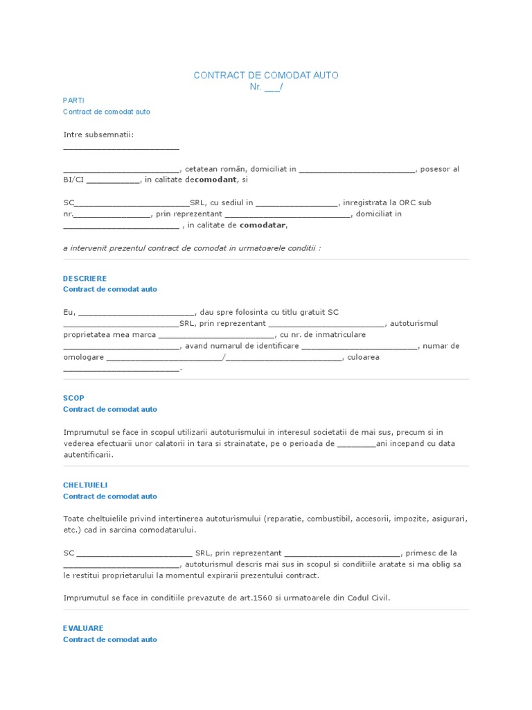 Contract Comodat Masina | PDF