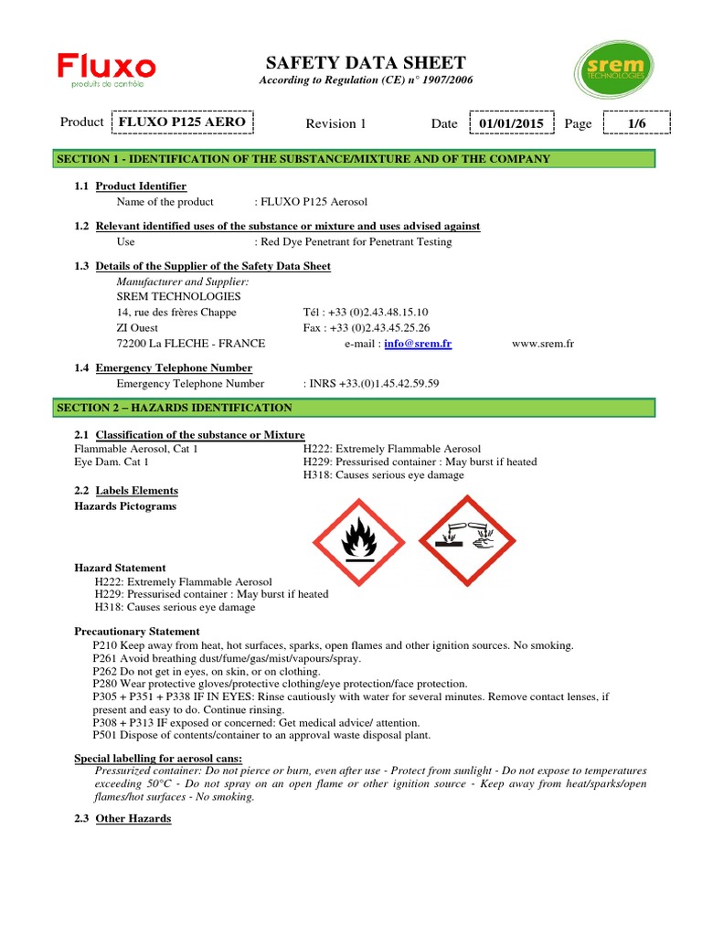 FLUXO P125 Aerosol Safety Data Sheet | PDF | Toxicity | Chemistry