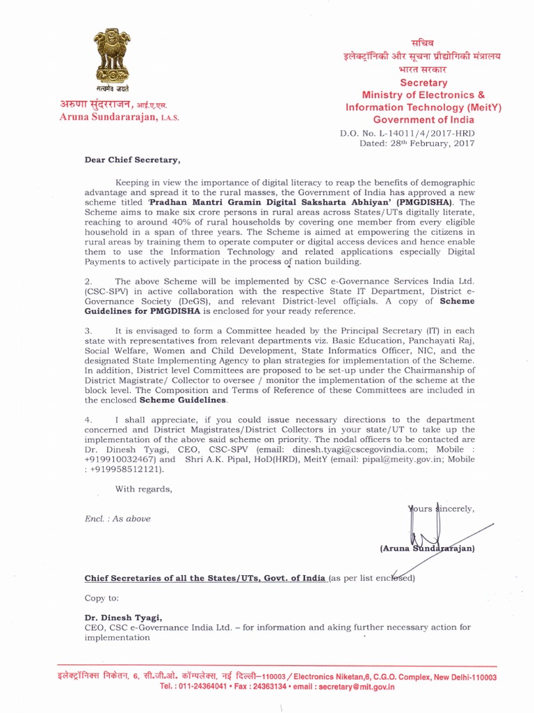Letter to Chief Secretaries States And Territories Of India