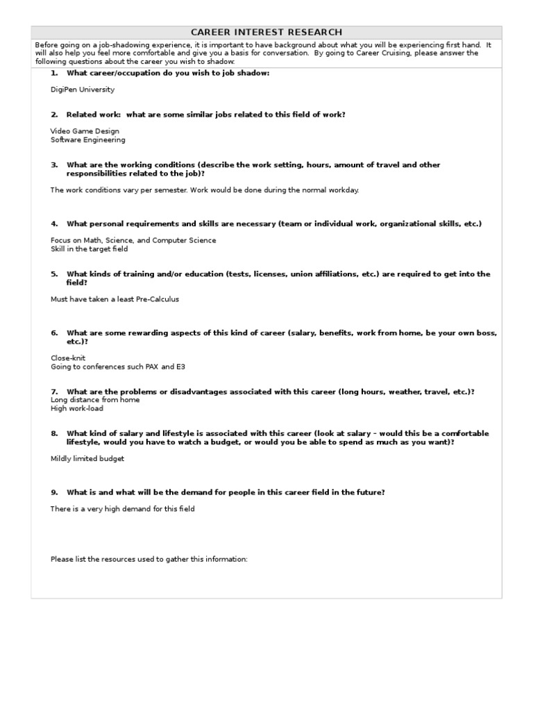 Job Shadowing Pdf Secondary School Internship