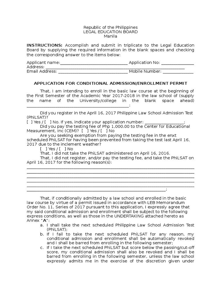 PhiLSAT Conditional Admission Application | PDF | Legal Education ...