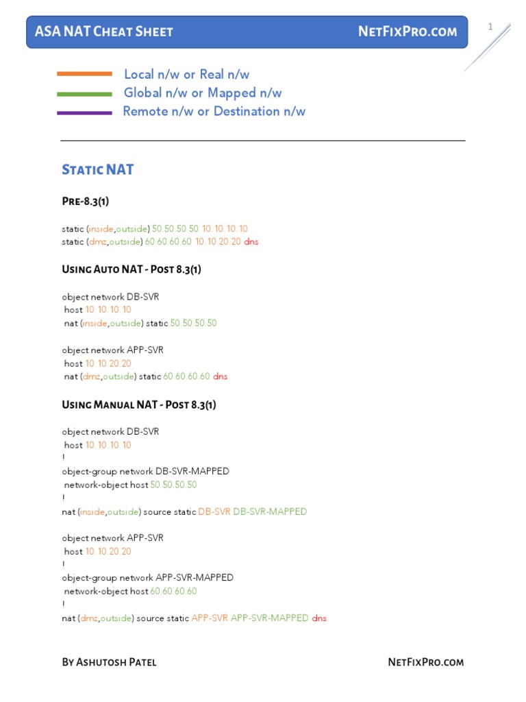 ASA NAT Cheat Sheet For 8.2 and 8.4 Update | PDF | Networking Standards ...
