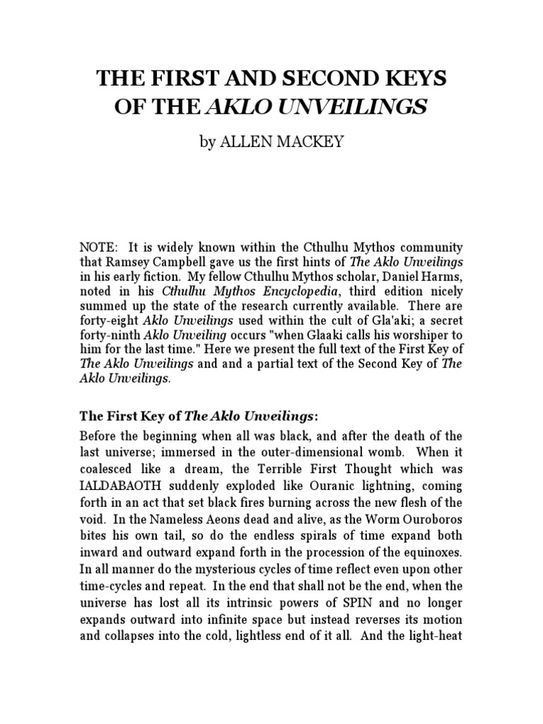 Aklo Unveilings: Keys to Gla'aki | PDF | Cthulhu Mythos