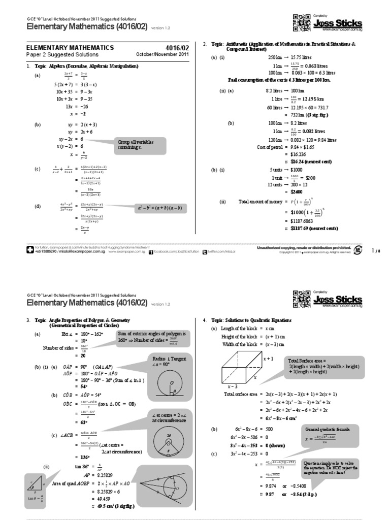 Gce O Level 11 Emaths 4016 Paper 2 Solutions 1 Pdf Trigonometric Functions Sine
