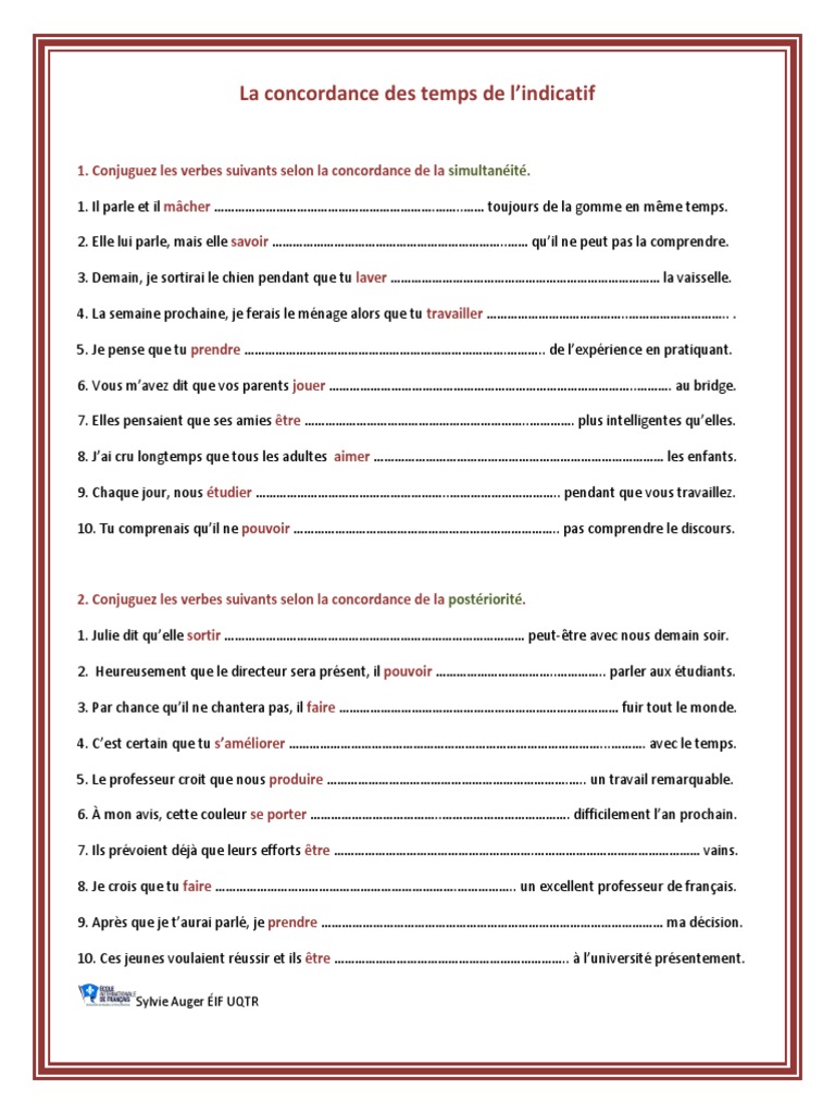 Exercice De Conjugaison Tous Les Temps Exercices Et Corrigé La Concordance Des Temps de L'indicatif | PDF
