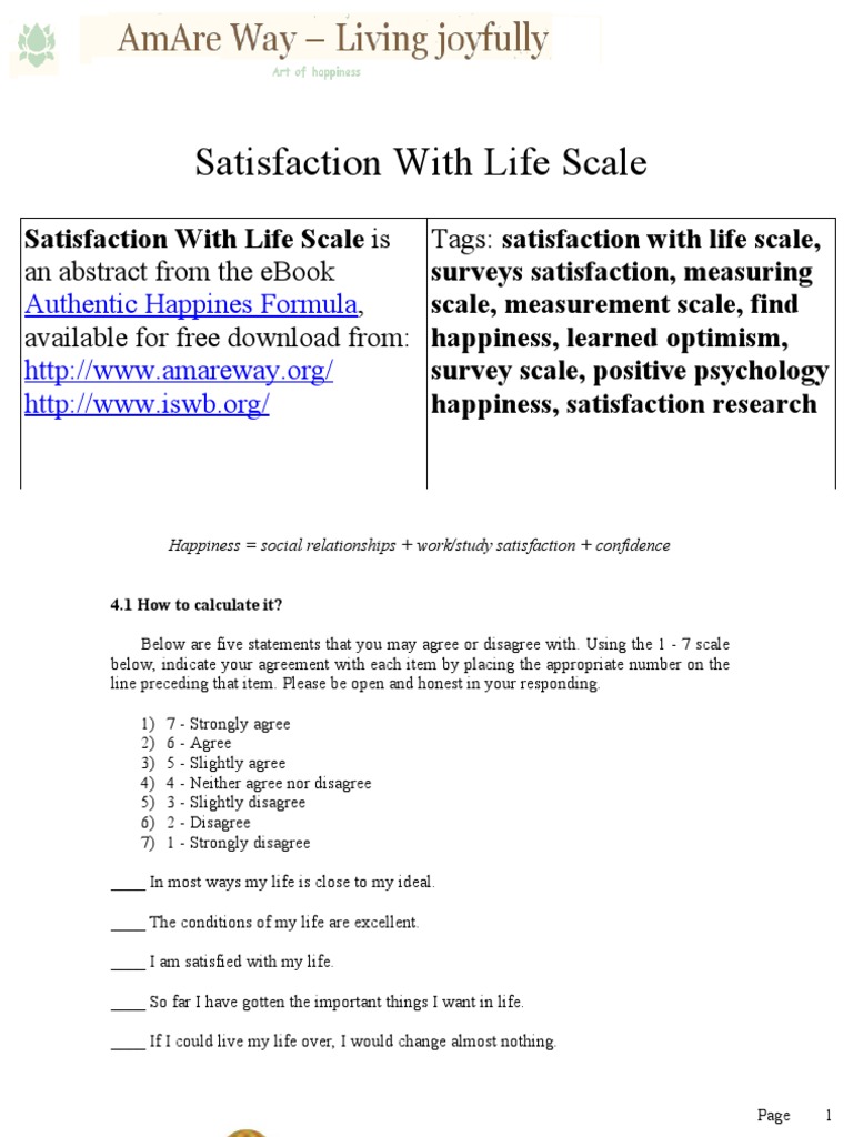 Satisfaction With Life Scale PDF Positive Psychology Happiness
