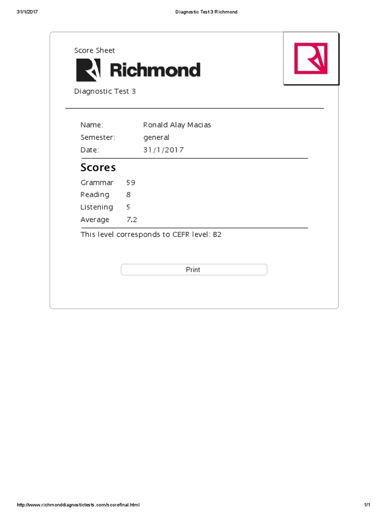 Richmond Diagnostic Test Results B2 | PDF