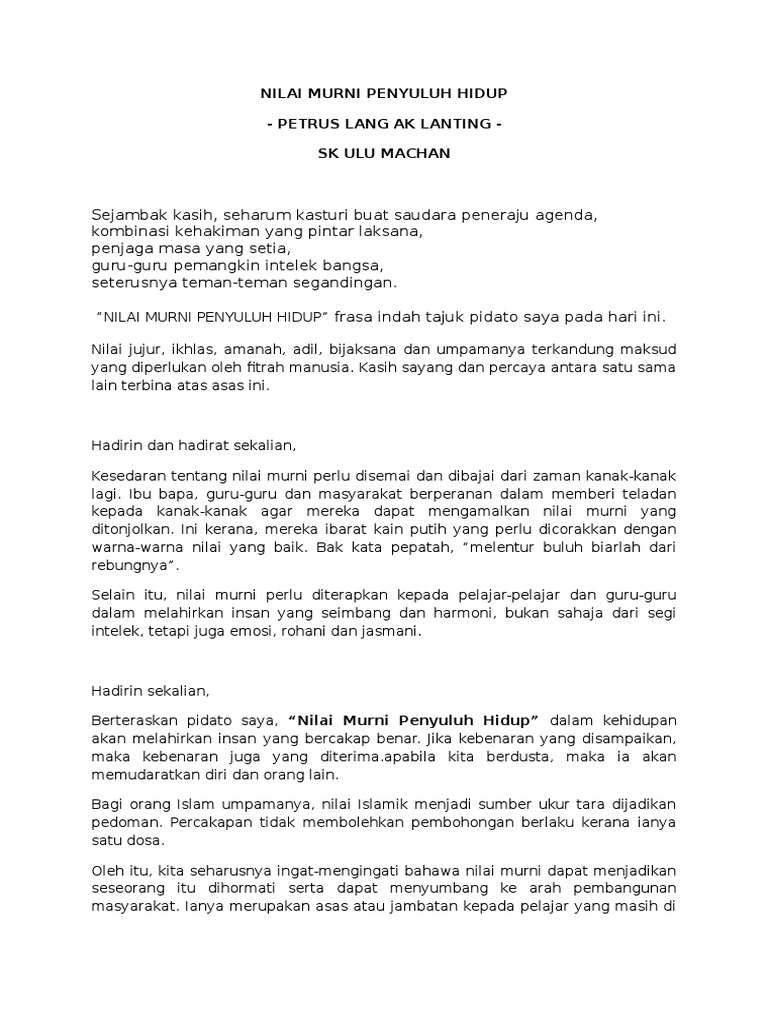 Teks Pidato Nilai Murni Penyuluh Hidup