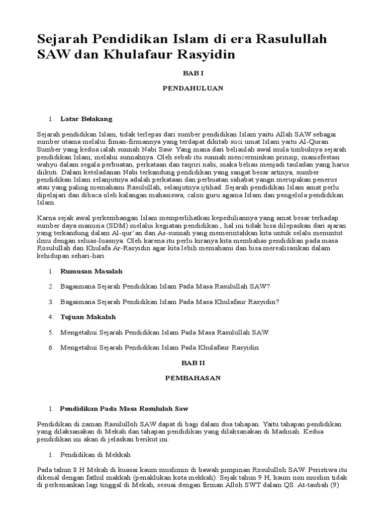 Sejarah Pendidikan Islam Di Era Rasulullah Saw Dan Khulafaur