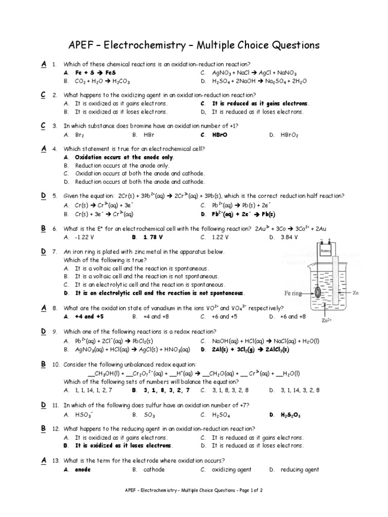 Electrochemistry MCQs and Answers | PDF | Redox | Electrochemistry