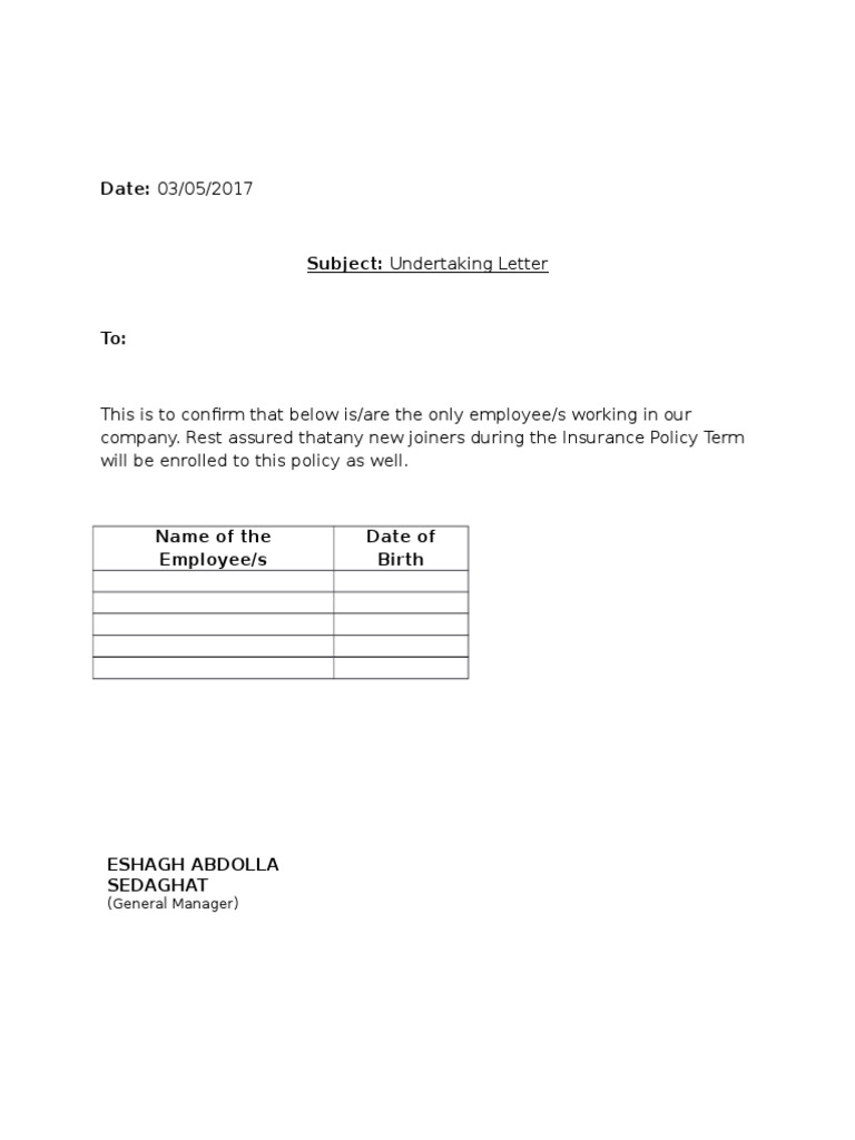 Employee Undertaking Letter Template | PDF | Business