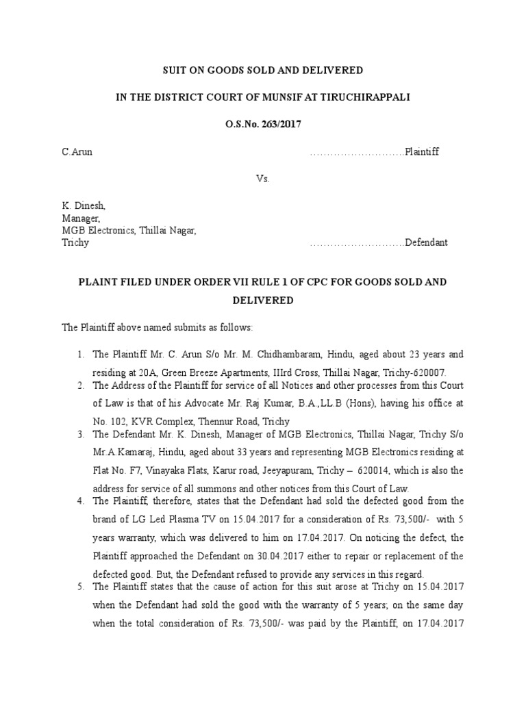 Suit On Goods Sold And Delivered In The District Court Of Munsif At