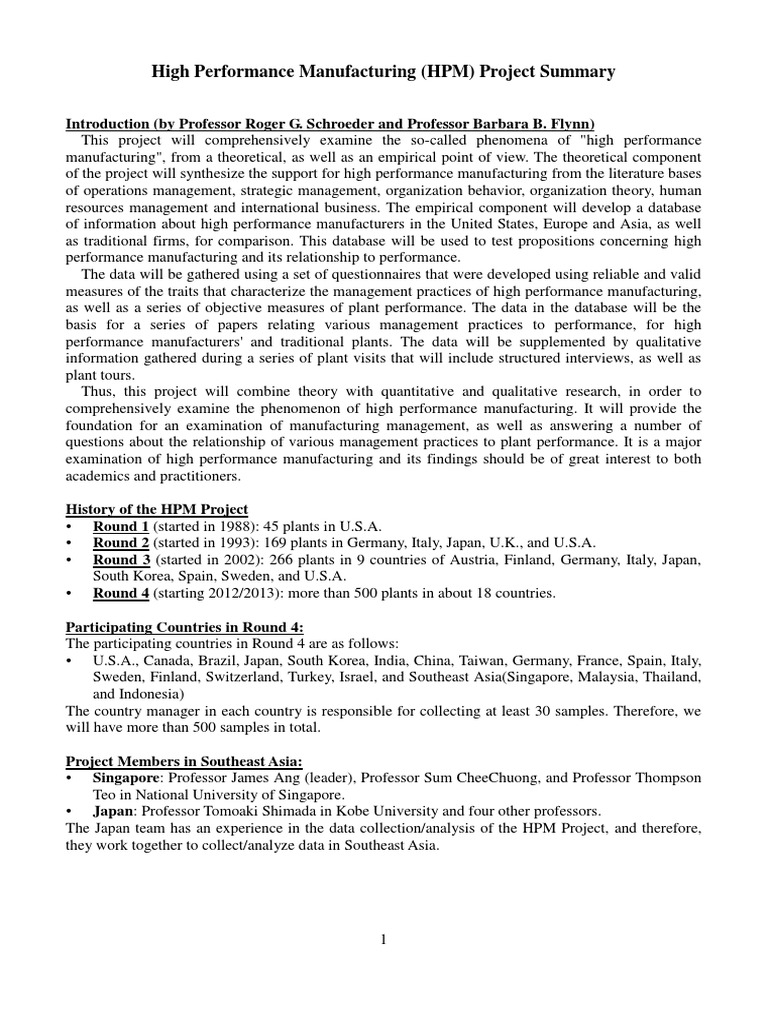 High Performance Manufacturing (HPM) Project Summary | PDF ...