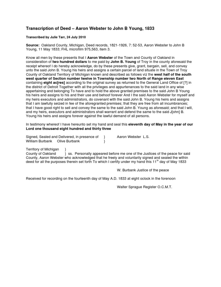 WEBSTER, William Aaron - Deed 1833 Vol 7 PG 52 Transcription | PDF ...