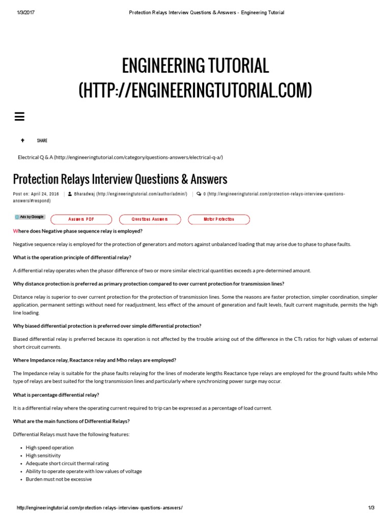 Protection Relays Interview Questions & Answers - Engineering Tutorial ...