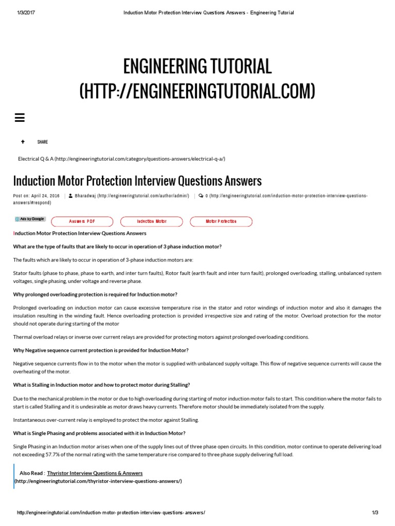 Induction Motor Protection Interview Questions Answers Engineering