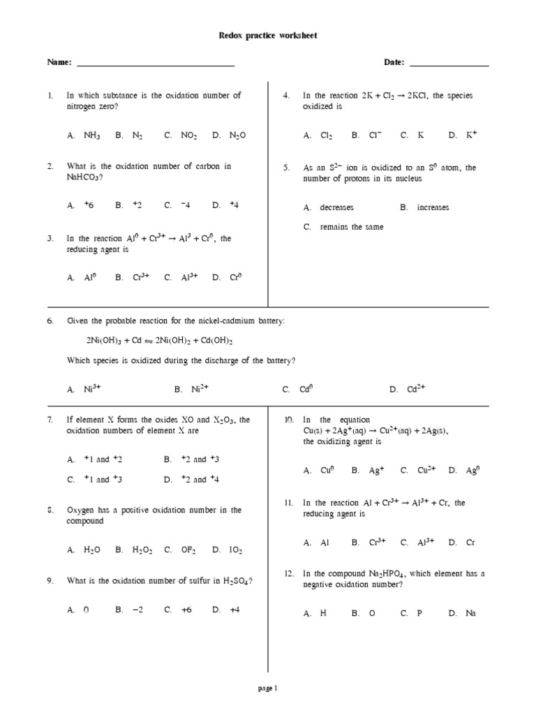 2 5 Redox Reactions Practice Worksheet With Answers PDF Redox