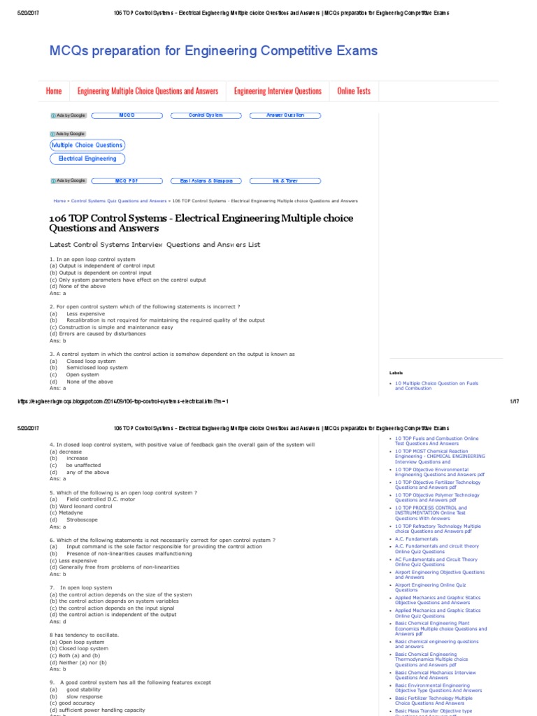 Control Systems MCQs for Engineers | PDF | Feedback | Control System