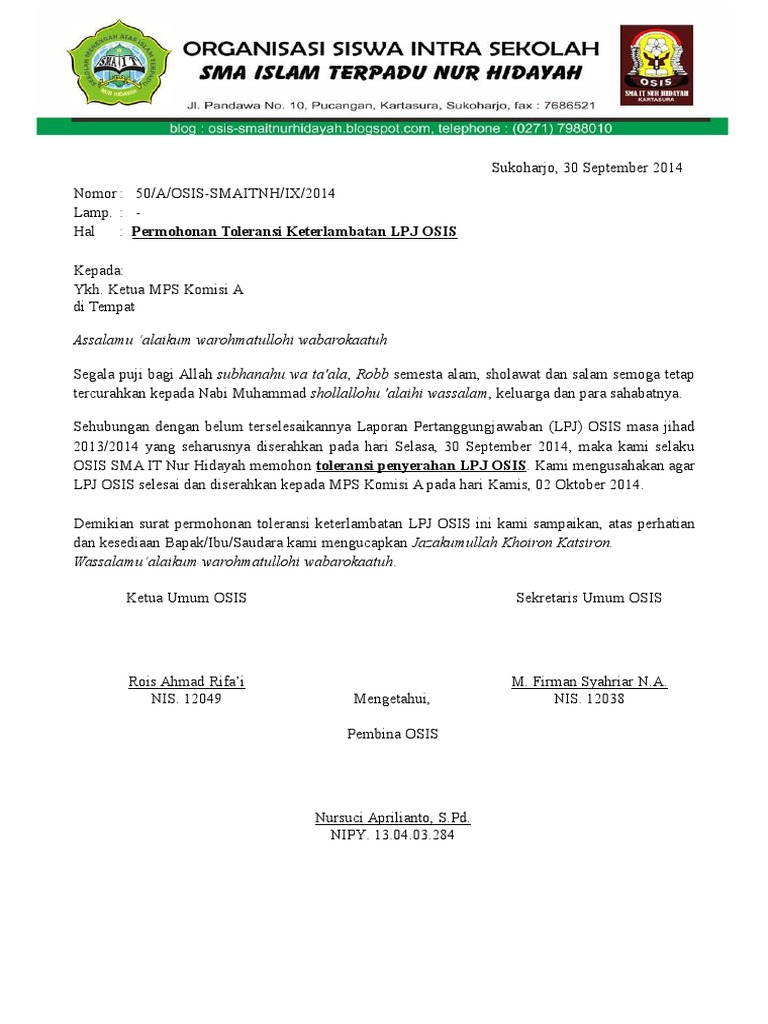 Surat Keterlambatan Lpj Osis