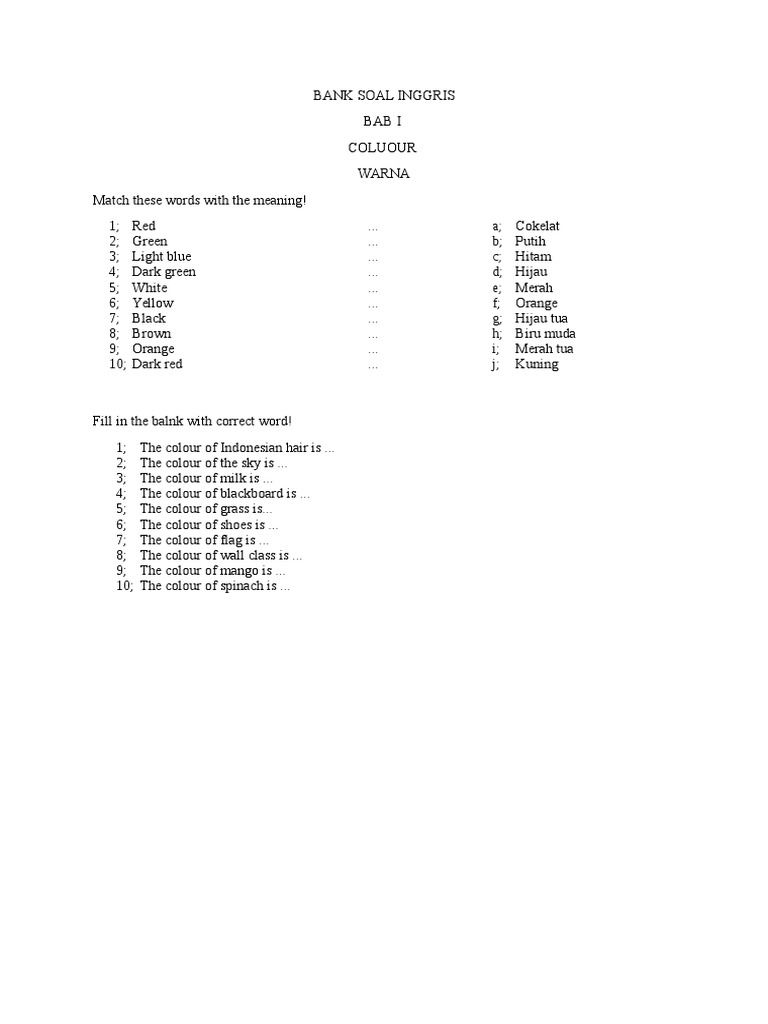 Bank Soal Inggris Rainbow Color